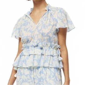 Misa Los Angeles Alisha Top Blue White size Medium Ruched Ruffle Summer Spring